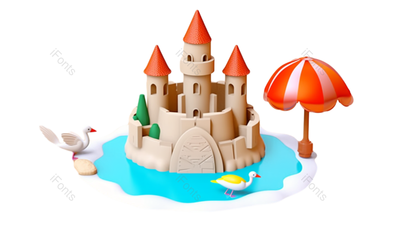 城堡图片,海边元素,蓝色水PNG,3D免抠素材